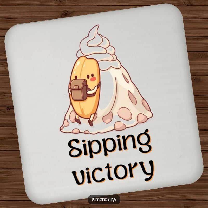 Funny determined almond hiking a whipped cream mountain, on a protective drink coaster.