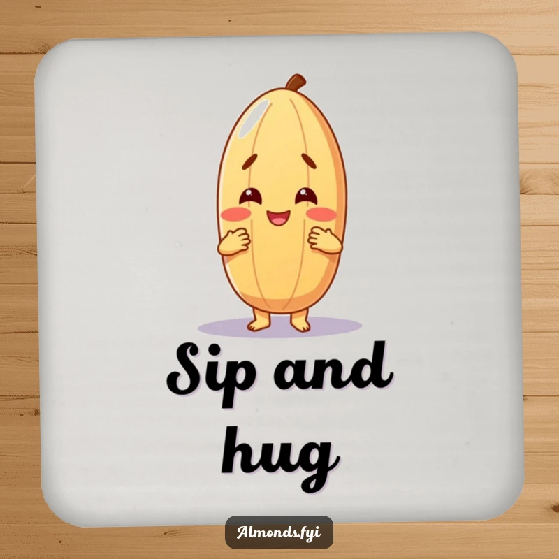 Funny drink coaster depicting a cheerful almond character offering a warm, friendly hug, protecting surfaces with comfort and humor.
