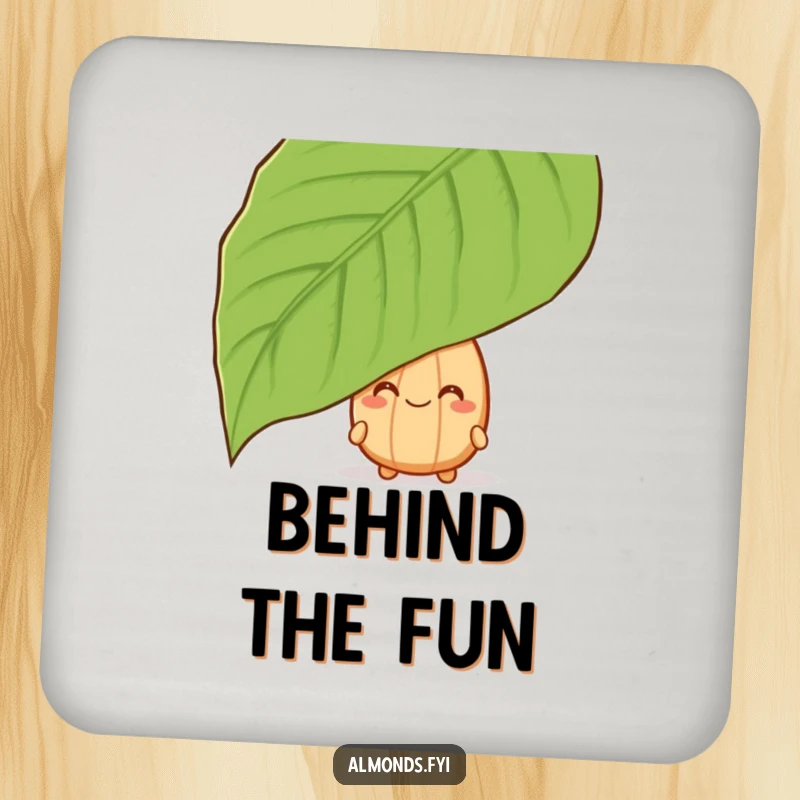 Funny drink coaster with a grinning almond character peeking from behind a leaf, adding playful humor.