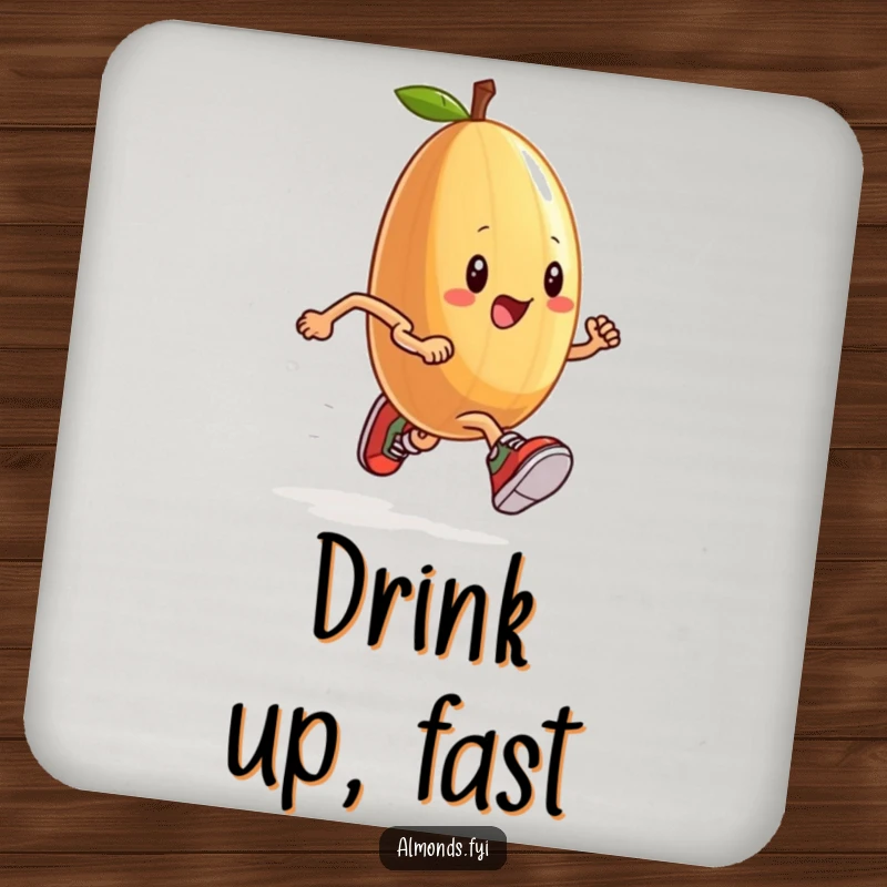Funny drink coaster featuring an anthropomorphic almond in tiny sneakers running a race, a humorous athletic addition.