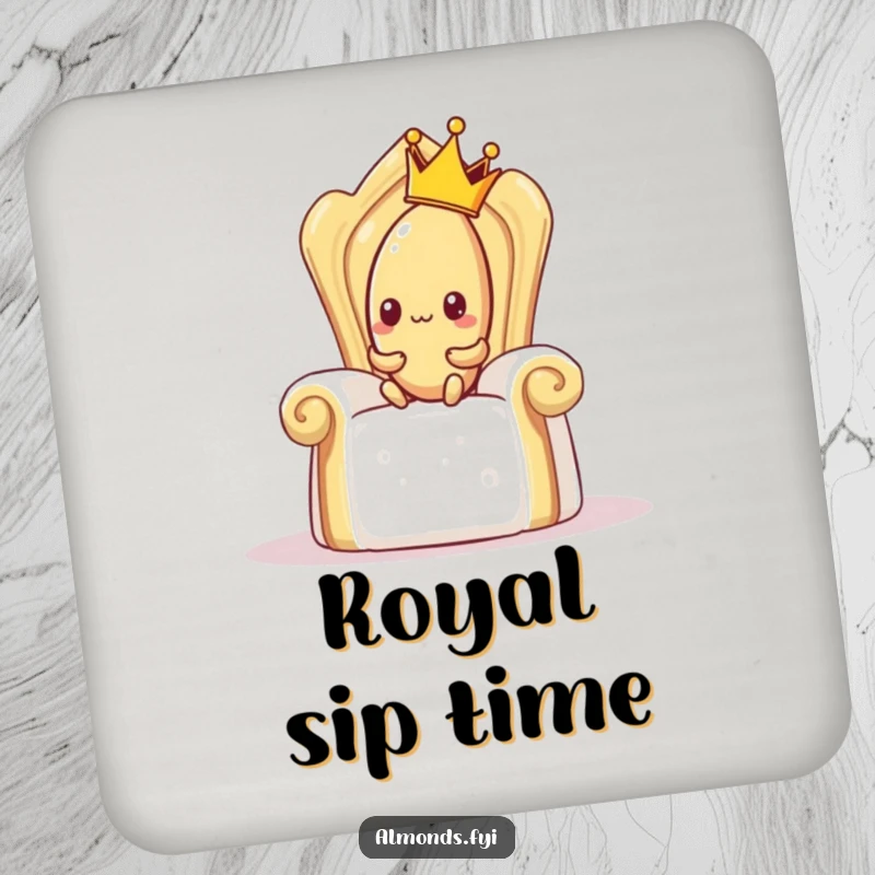 Funny drink coaster showcasing a shy almond with a crown trying to sit on a giant sugar cube throne, humorous and practical.