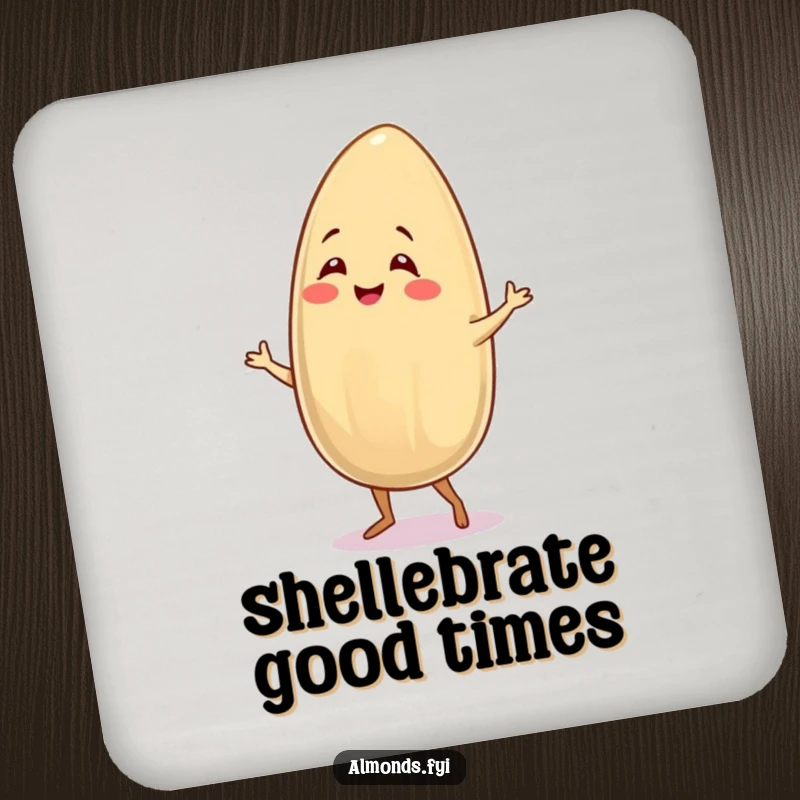 Funny drink coaster with a smiling almond character dancing the salsa, ideal for humorous surface protection.