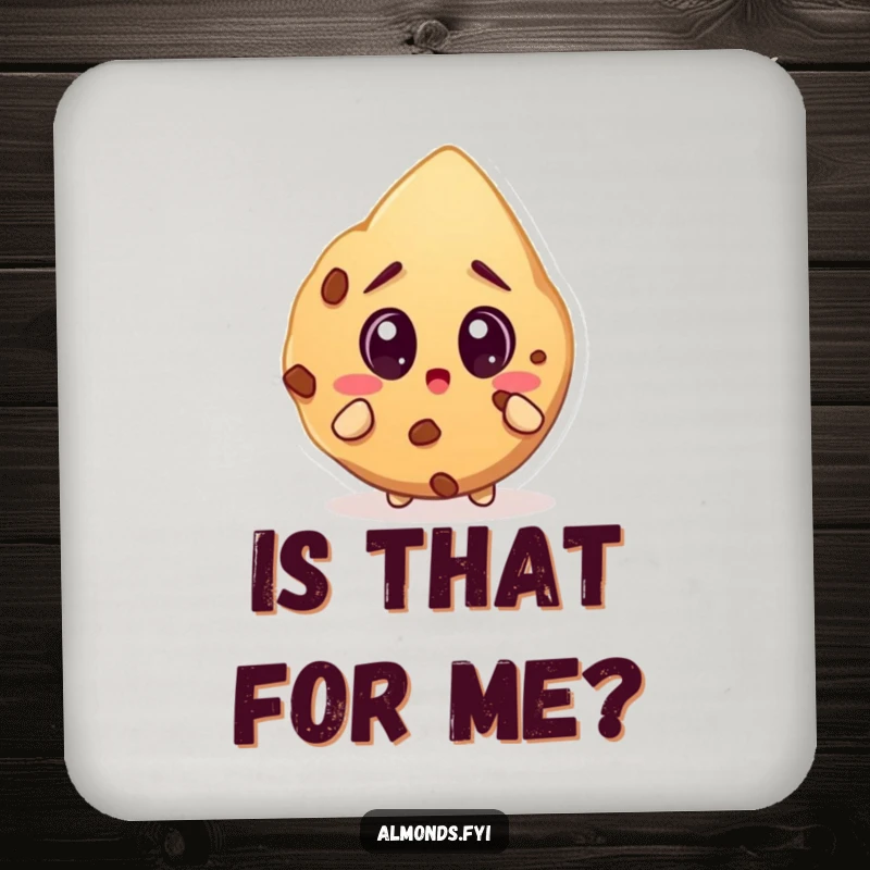 Funny drink coaster showing a surprised almond character with wide eyes looking at a huge cookie, perfect for protecting surfaces.