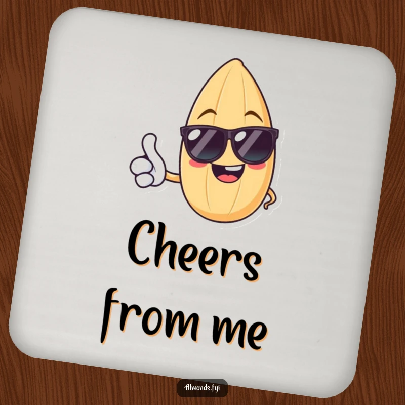 Funny coasters featuring a cheerful almond in sunglasses giving a thumbs up, protecting furniture with nutty charm.