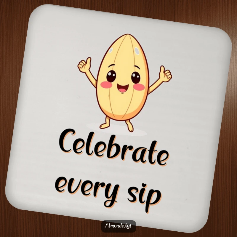 Funny drink coaster showcasing a smiling almond character with tiny arms performing a jubilant victory dance, protecting surfaces with humor.
