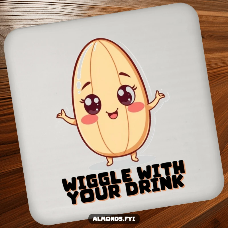 Funny drink coaster depicting a playful almond character with googly eyes doing a humorous wiggle, protecting surfaces with fun.