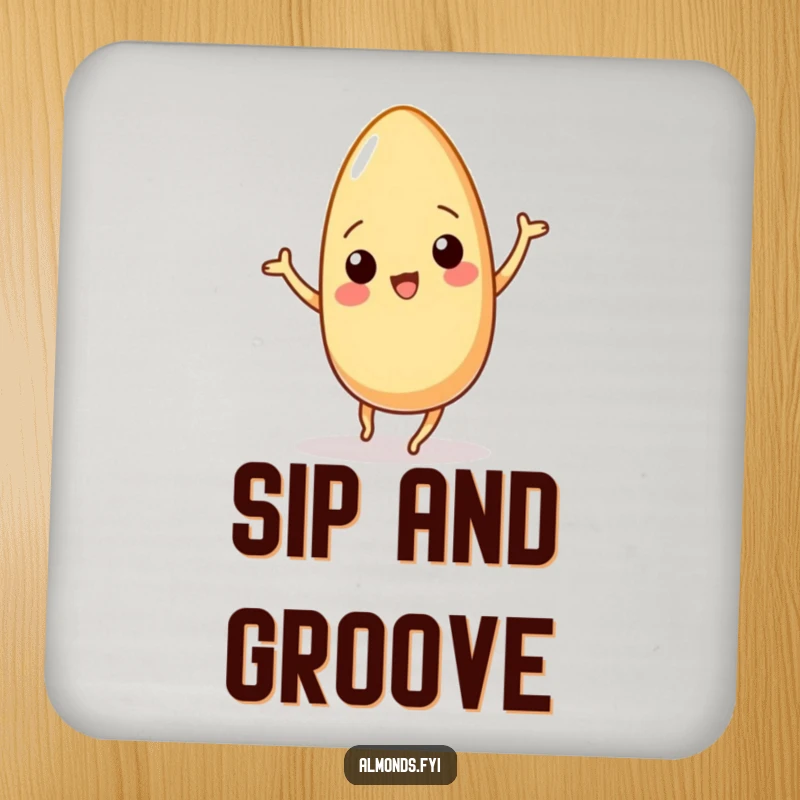 Funny drink coasters featuring a wiggling almond character dancing playfully, adding a humorous touch to any beverage setting.