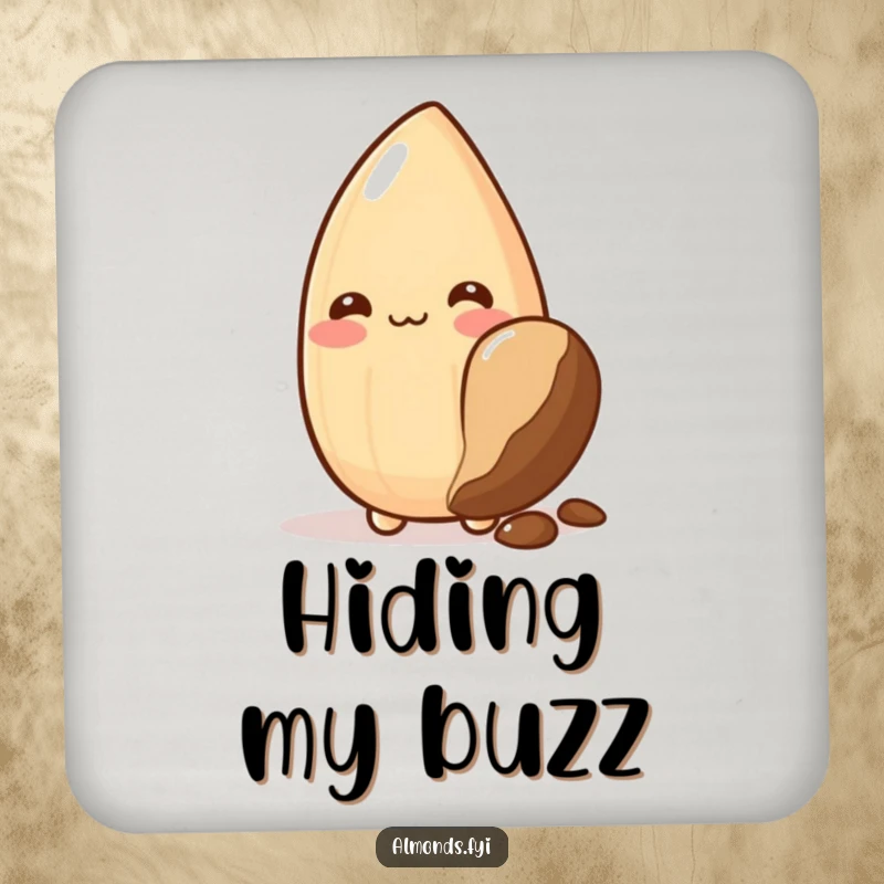 Funny drink coaster: blushing almond character hiding behind a chocolate chip, adding a touch of shy sweetness.