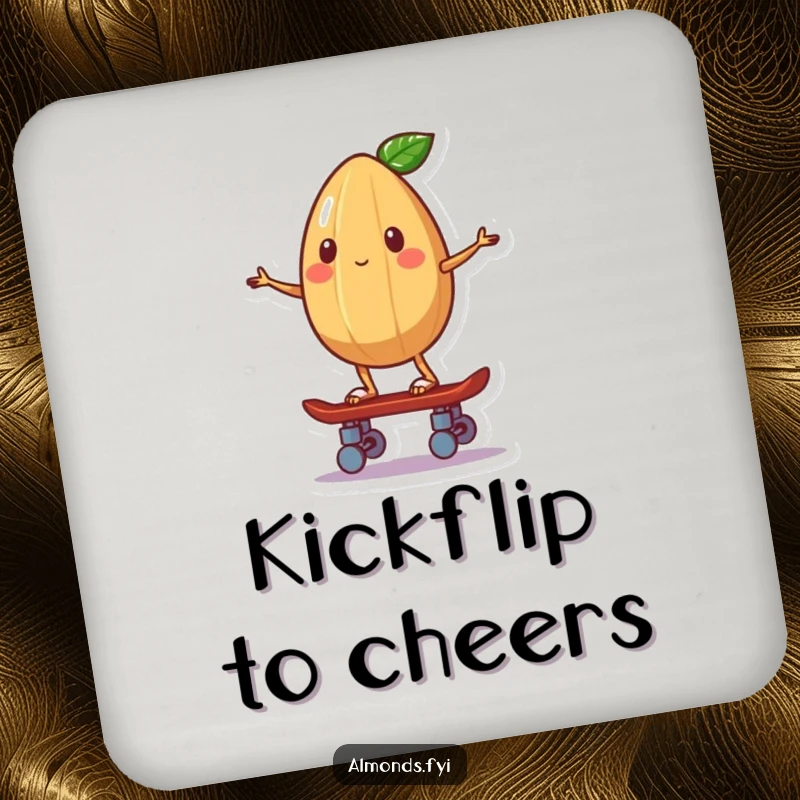 Funny drink coaster showcasing a whimsical almond character balancing on a miniature skateboard, looking cool.