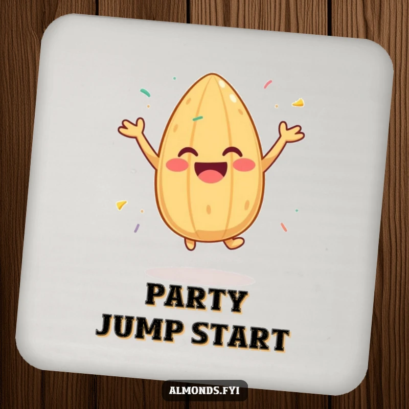 Funny drink coaster featuring a cheerful almond character jumping with sprinkles, protecting furniture with a dose of festive humor.