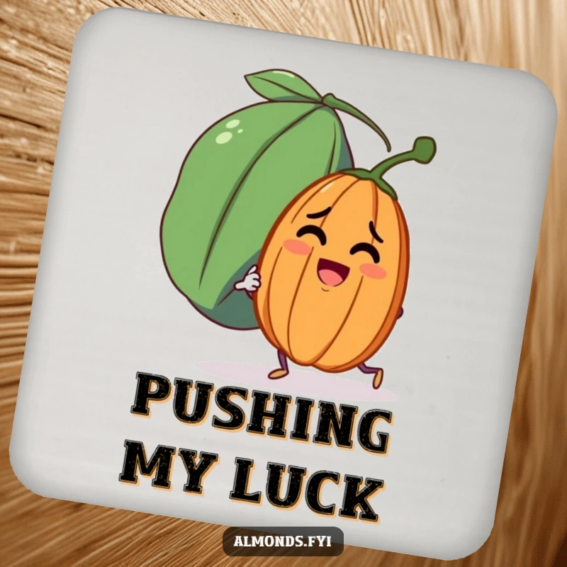Funny drink coaster with a determined almond character trying to push a very large, friendly raisin.