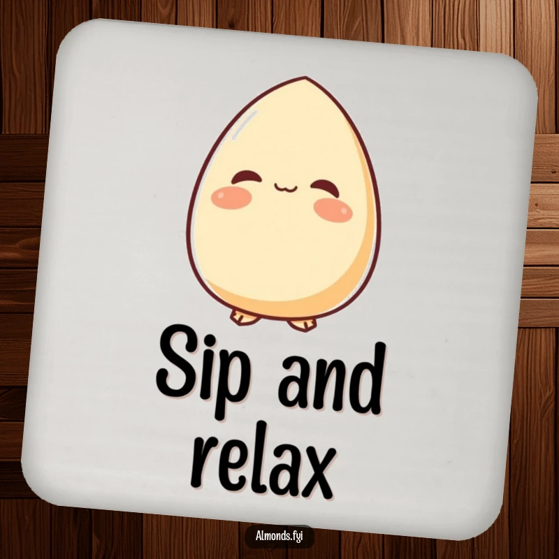 Funny drink coaster with a content almond character looking upwards with a peaceful smile, adding a serene and decorative touch to tables.