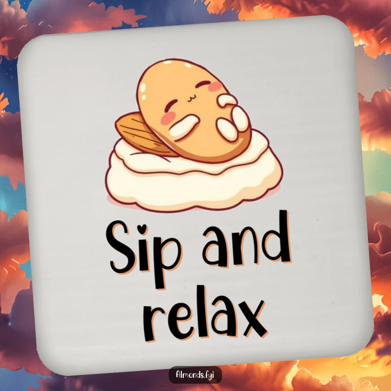 Funny coasters: A relaxed almond character lounging on cream, designed to protect surfaces with chill.