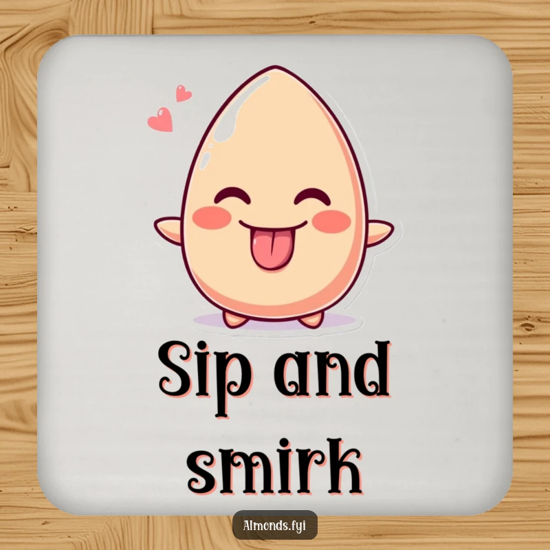 Funny drink coaster showcasing a cute almond character sticking its tongue out with a wide, cheeky grin.