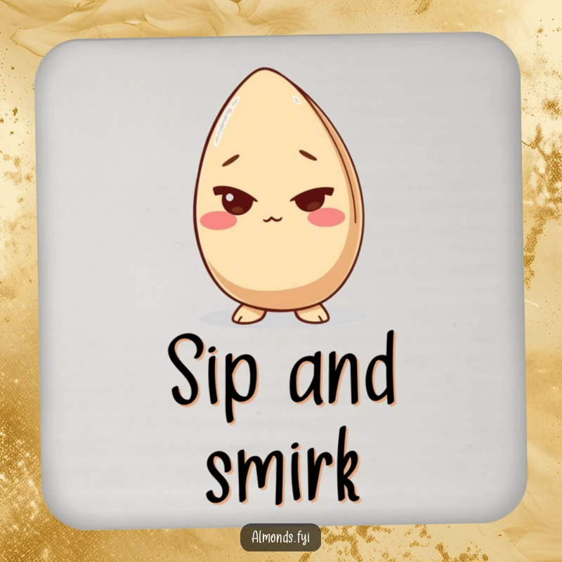 Funny drink coaster with a giggling almond character slyly winking, protecting surfaces while adding a humorous decorative element.