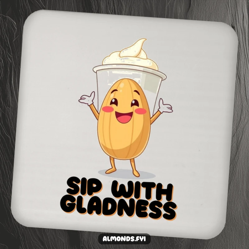 Funny grinning almond character enthusiastically hugging a giant yogurt cup on a drink coaster, perfect for any table.