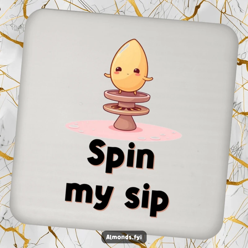 Funny drink coaster showcasing a wobbly almond balancing on a spinning sugar top, a humorous and practical accessory.