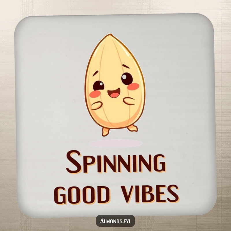 Funny coasters: A giggling almond character in a spin, designed to protect surfaces with cheer.