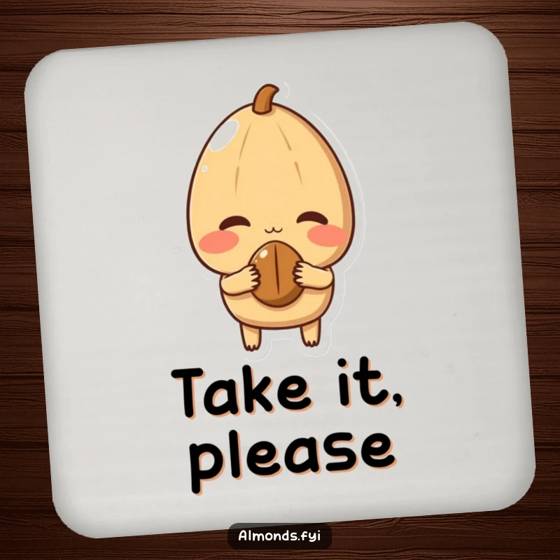 Funny Drink Coaster featuring a shy almond character blushing and offering a small nut, providing surface protection with sweet charm.