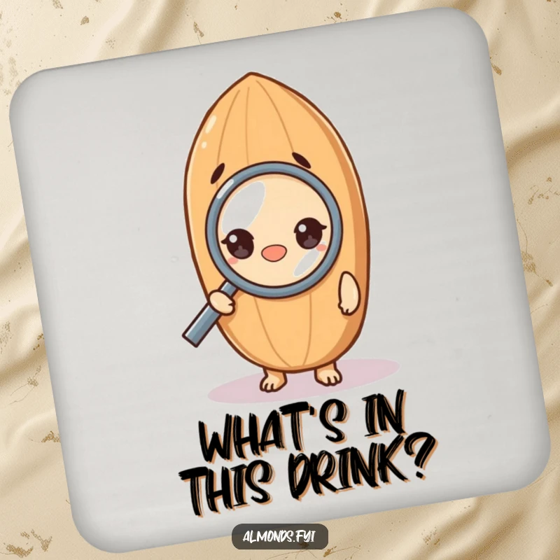 Funny drink coaster showcasing a curious almond character examining something with a magnifying glass, adding humorous attention to detail.
