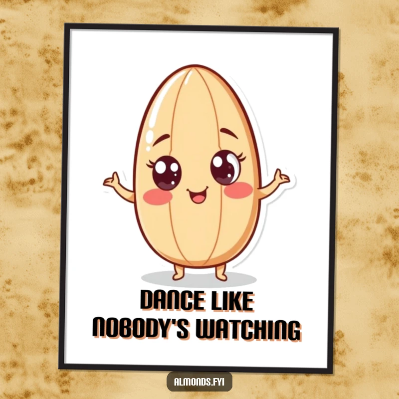 Funny poster art of a playful almond character with googly eyes doing a comical wiggle, bringing joy and humor to any room.