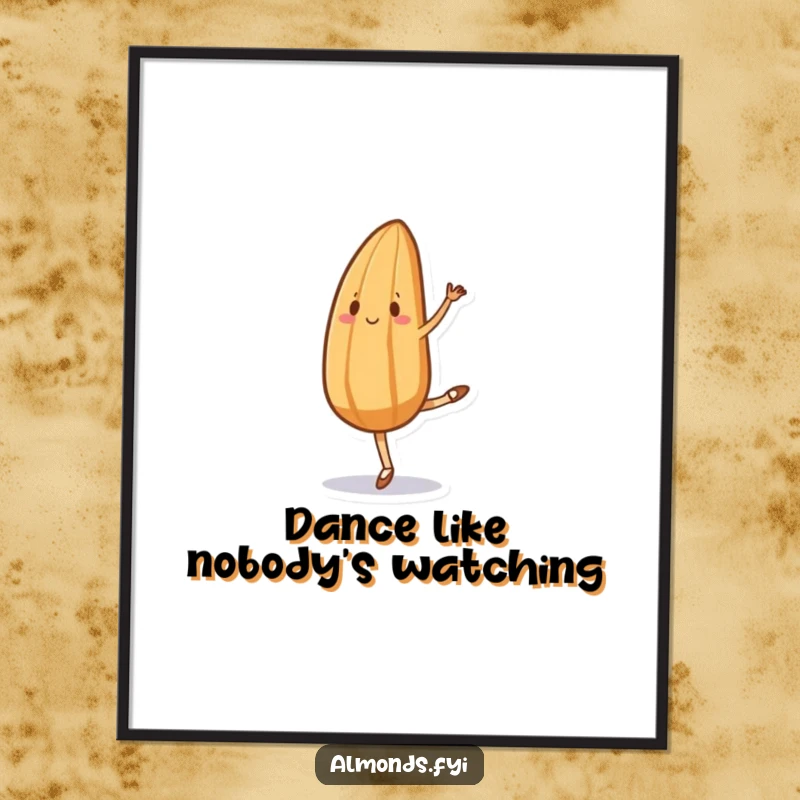 Funny poster art of an almond character performing ballet with hilariously uncoordinated and exaggerated grace, looking determinedly awkward.