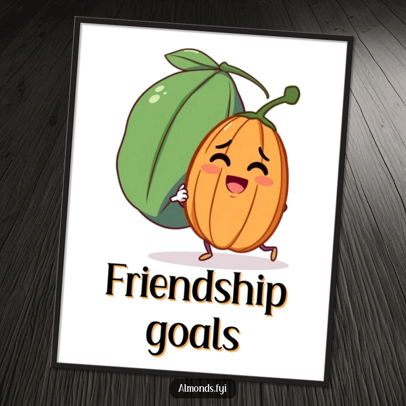 Funny poster artwork depicting a small, determined almond character pushing a huge, friendly raisin, adding humor to decor.