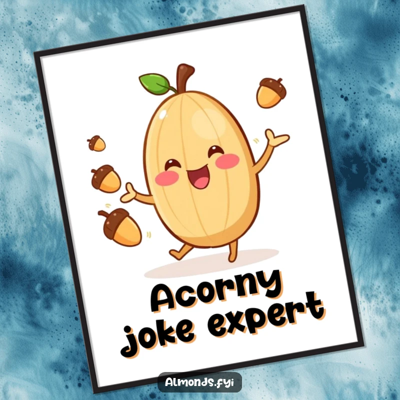Funny Almond Juggler Poster: Cheerful almond character gleefully juggling acorns, vibrant wall art for a humorous touch. Perfect funny gift.