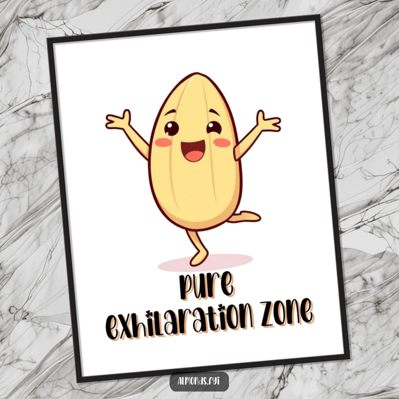 Funny Poster showcasing a cheerful almond character in a full cartwheel, eyes sparkling with glee, bringing energetic art.