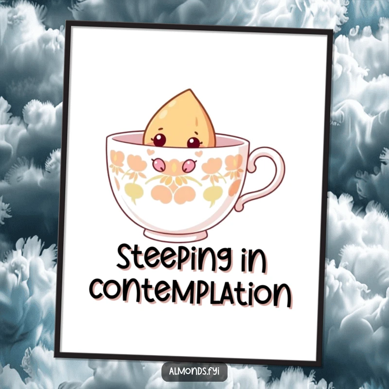 Funny poster of a curious almond character peeking out from a giant teacup, creating a whimsical and engaging scene.