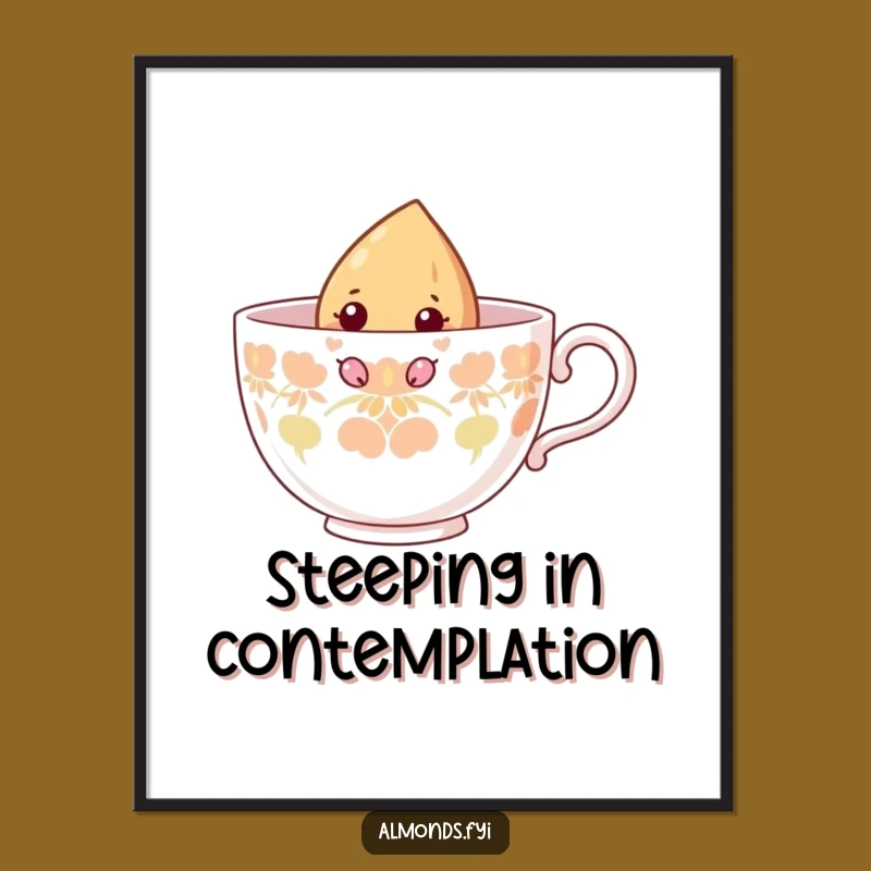 Funny Curious Almond Teacup Poster: Peeking Nut Art - Vibrant Wall Decor Gift!