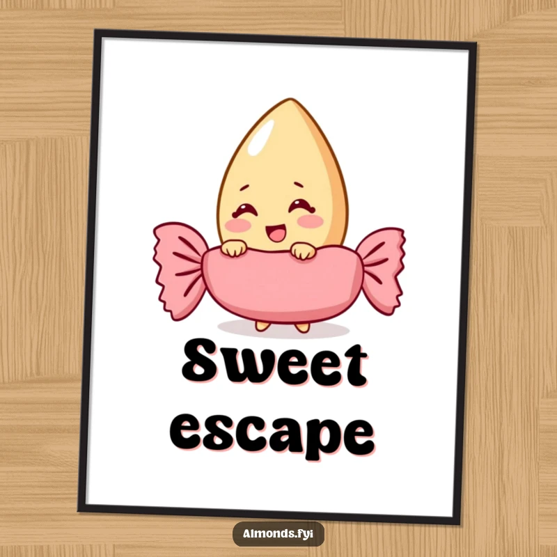 A giggling almond character peeking from behind a giant candy wrapper, presented as a funny and sweet wall poster.