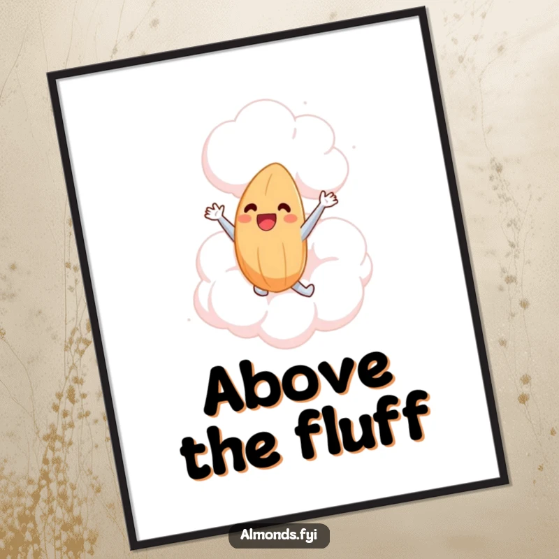 Funny poster art of a delighted almond character leaping with glee into a huge, soft marshmallow cloud, symbolizing pure bliss.