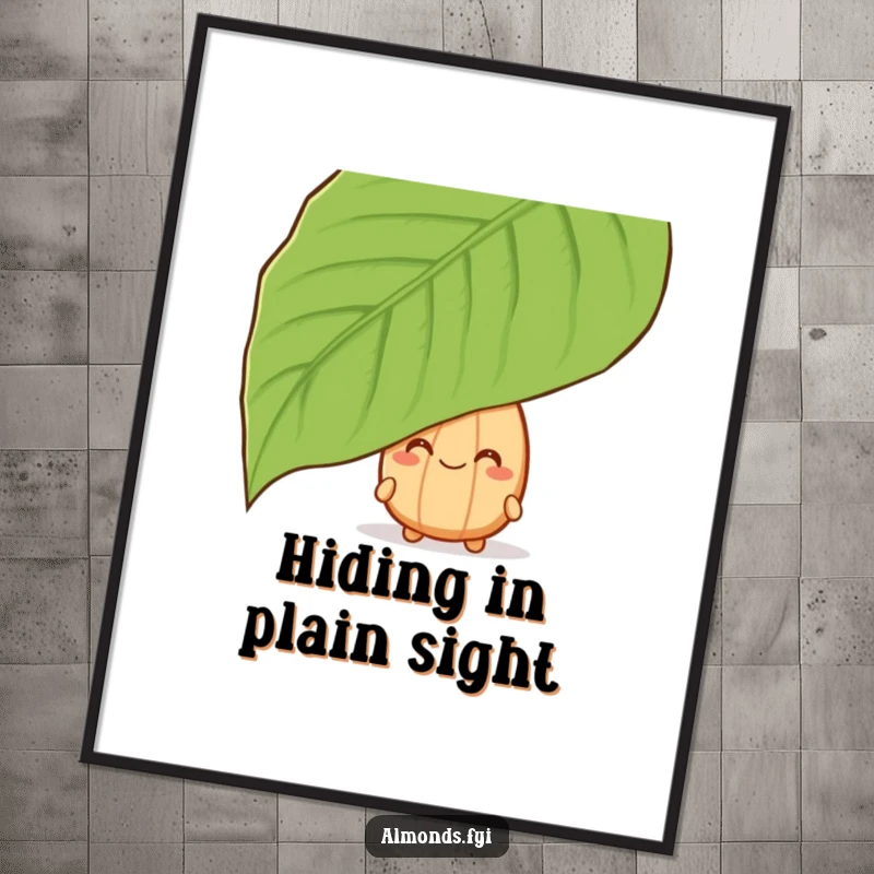 Funny poster of a grinning almond character playfully peeking from behind a large leaf, perfect for whimsical decor.