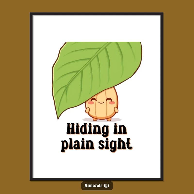 Funny Peeking Almond Poster - Whimsical Nutty Leaf Wall Art Gift