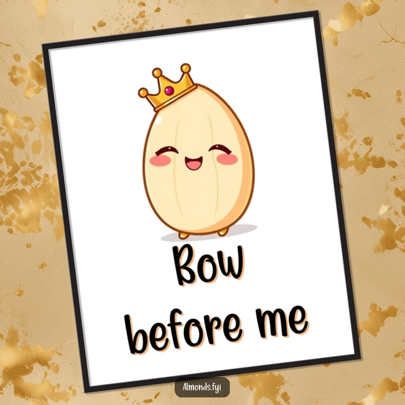 Funny poster art of a giggling almond character donned with a tiny, regal crown, radiating amusement and charm.