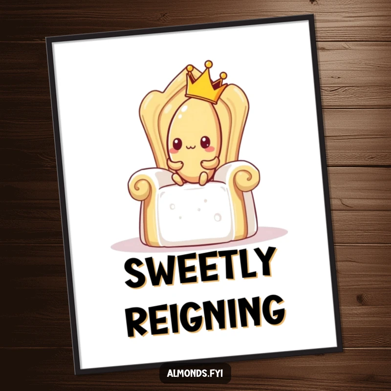 Funny poster illustrating a shy almond wearing a crown, attempting to sit on a giant sugar cube throne, whimsical royal art.