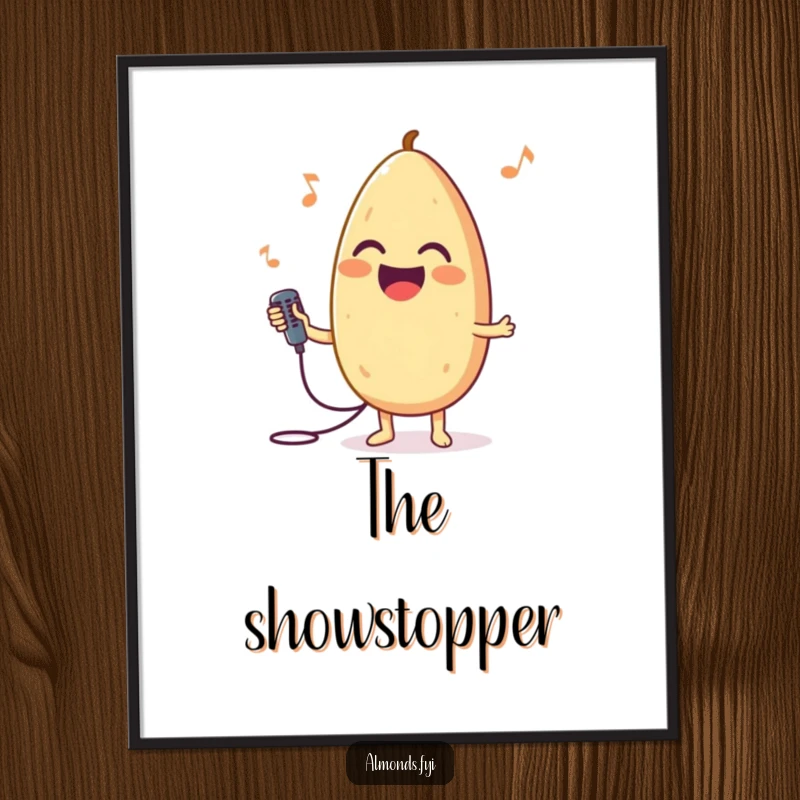 Funny poster art of a joyful almond character holding a tiny microphone, captured in a singing pose.