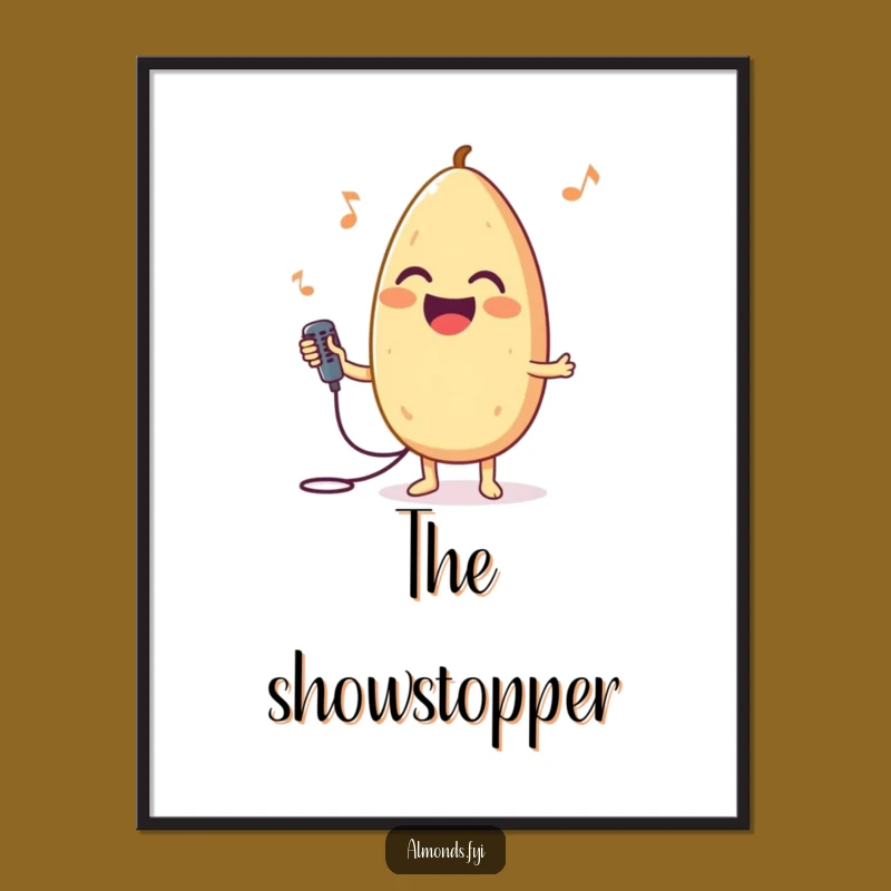 Funny Singing Almond Poster, Joyful Microphone Art, Musical Funny Decor