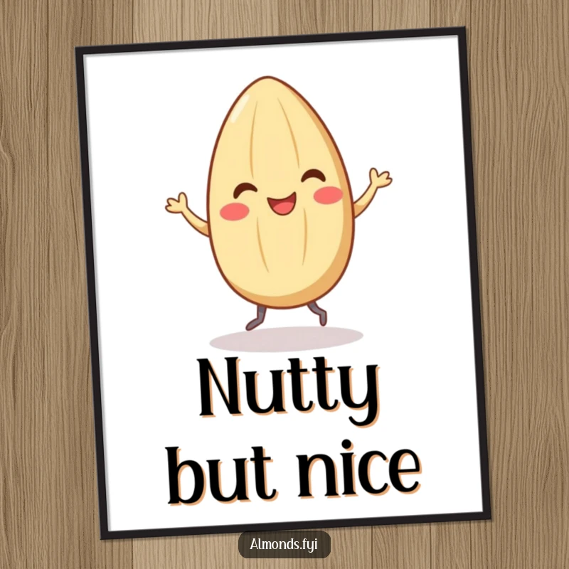 Funny poster art of a smiling almond character doing a happy dance with tiny legs, radiating pure, infectious joy and quirkiness.