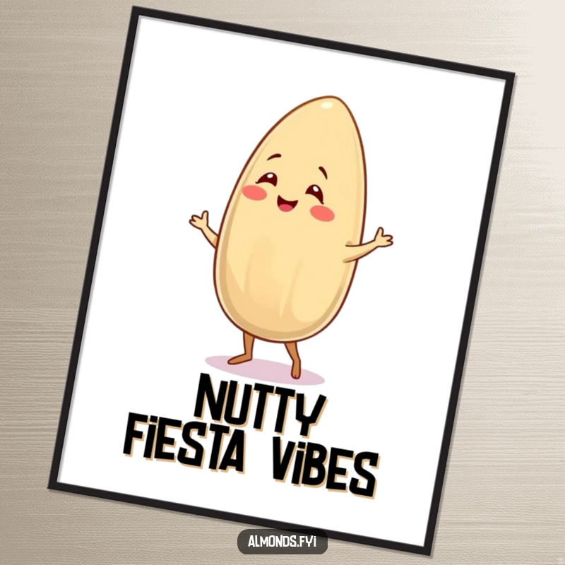 Funny poster of a smiling almond character doing a spirited salsa dance, adding festive, nutty humor to art.
