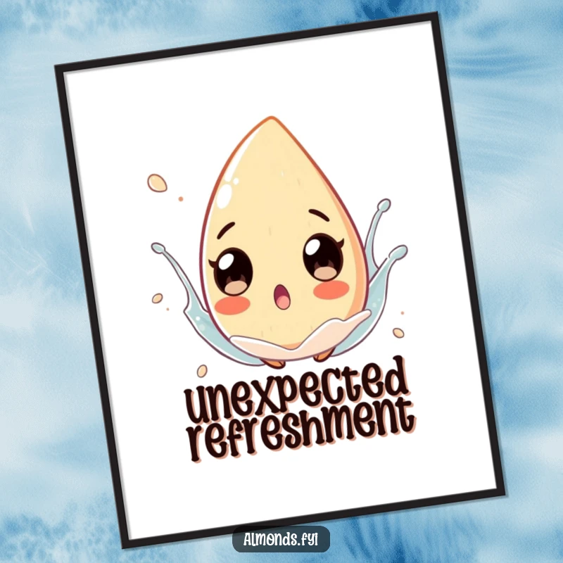 A surprised almond character with exaggerated eyes, floating in a playful splash, presented as a funny wall poster.