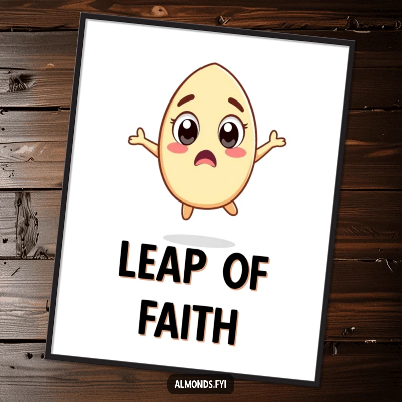 Funny poster art of a surprised almond character with wide eyes doing a silly jump, capturing a moment of comical astonishment.