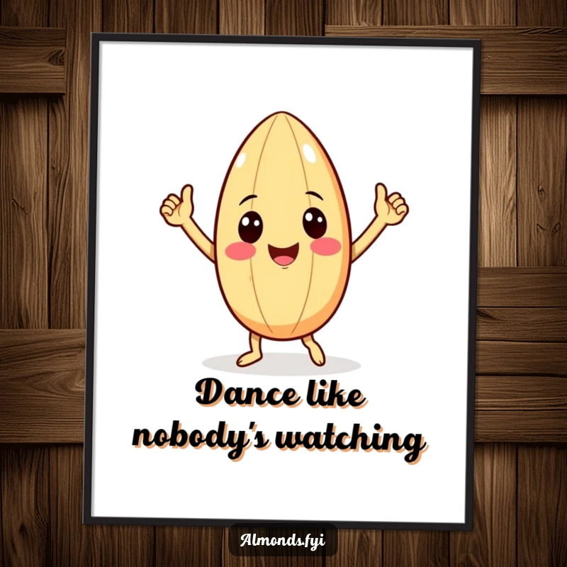 Funny poster art of a smiling almond character with tiny arms doing a cheerful victory dance, bringing joy and humor to any room.