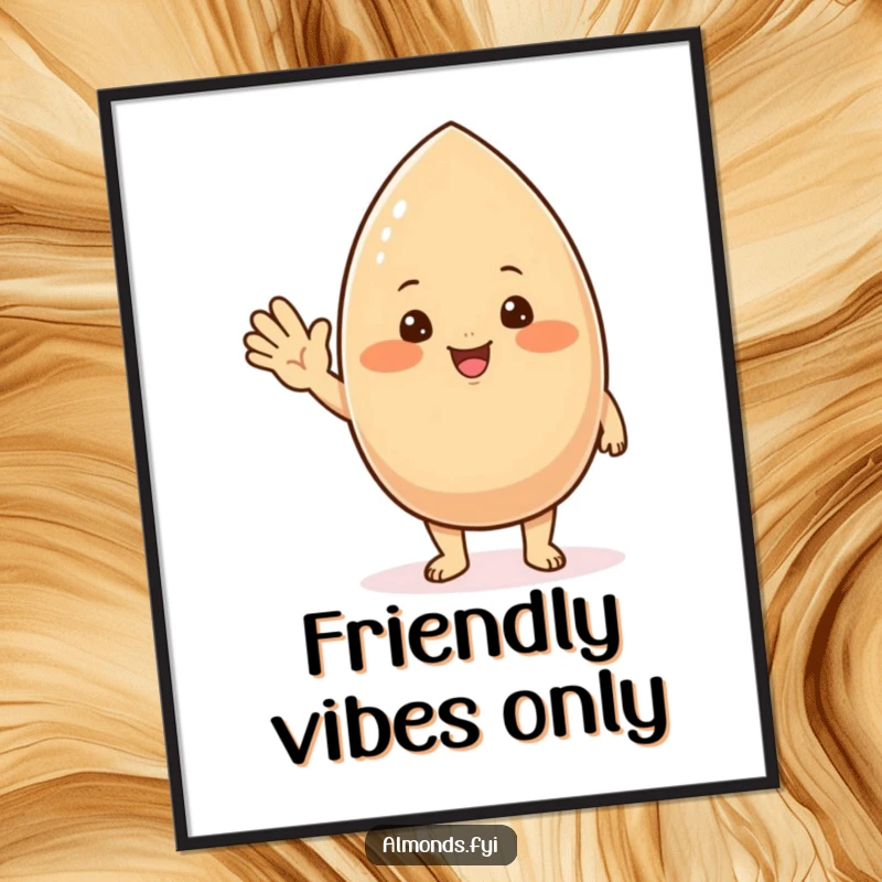 Funny poster of a chubby, blushing almond character with rosy cheeks, extending a welcoming wave.