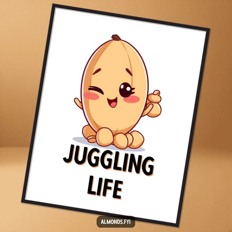 Funny poster artwork featuring a winking almond character holding a precarious stack of tiny nuts perfectly balanced.