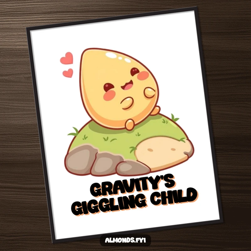 Funny Rolling Almond Poster: Giggling almond character happily rolling down a small hill, vibrant and humorous wall art. Perfect funny gift.