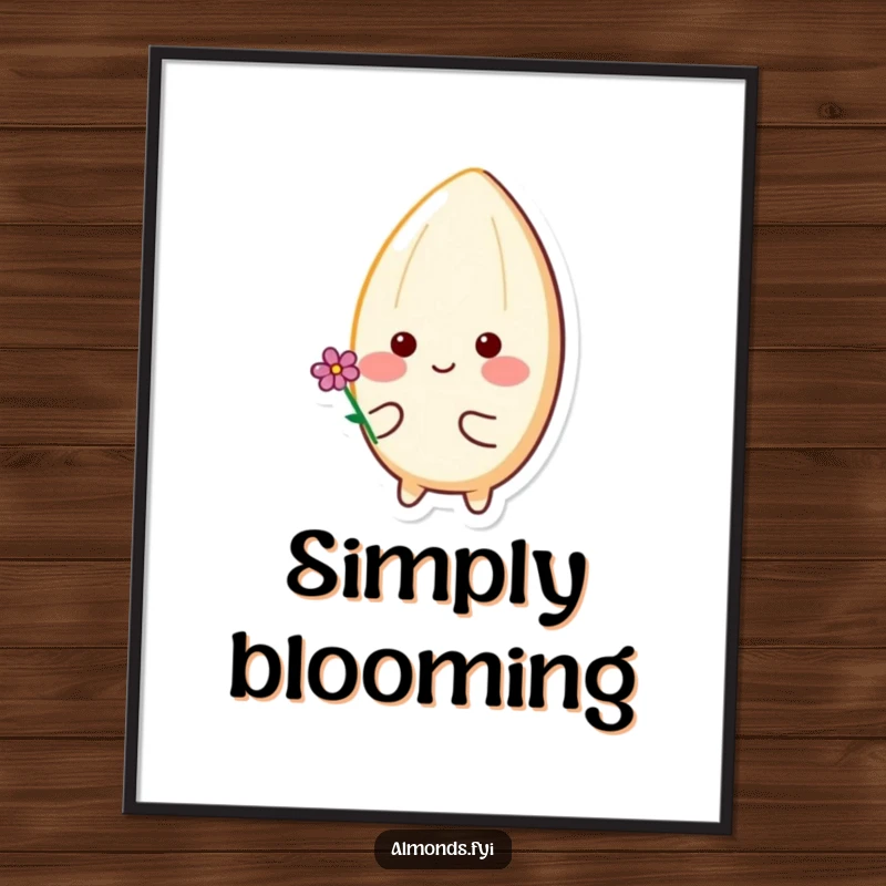 Funny poster art of a happy almond character with rosy cheeks, holding a tiny flower, exuding warmth, kindness, and simple joy.
