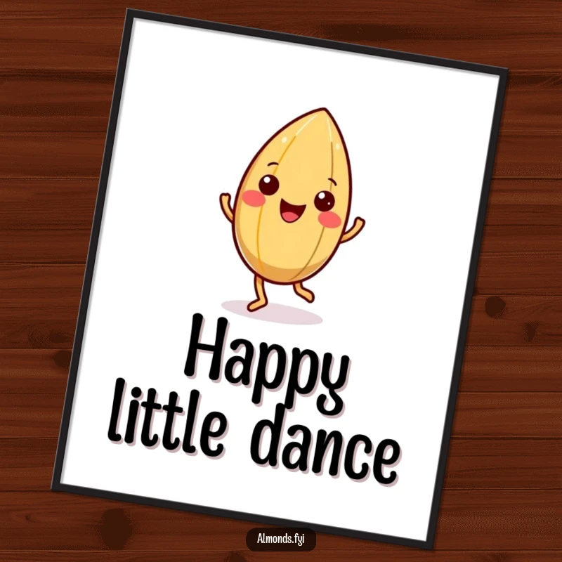 Funny poster of a happy almond character doing a little jig, its shell wiggling with pure, unadulterated joy.