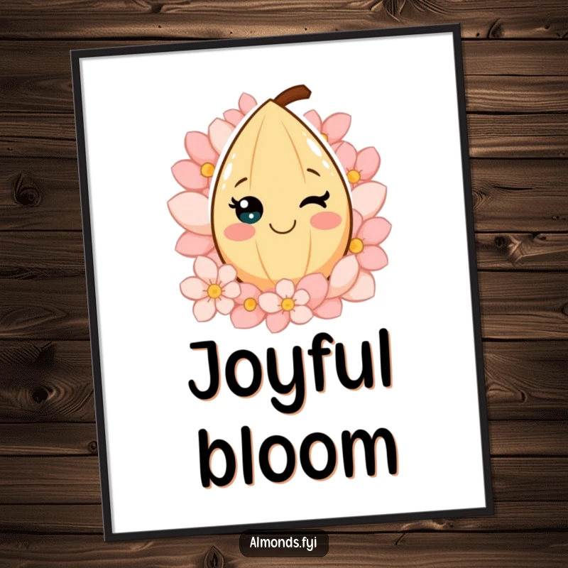 Funny poster featuring a smiling almond character joyfully surrounded by blooming petals, creating a cheerful and artistic wall decoration.